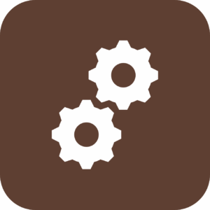 White gear icon on brown rounded square