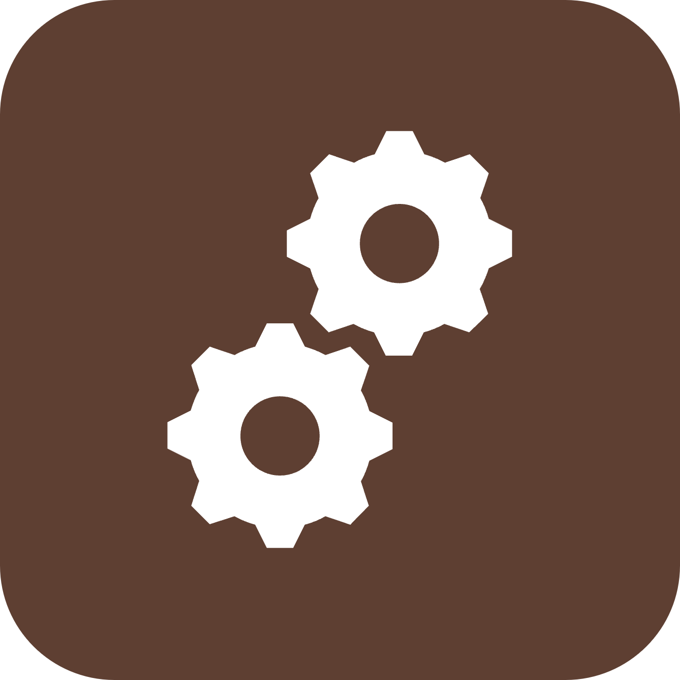 White gear icon on brown rounded square