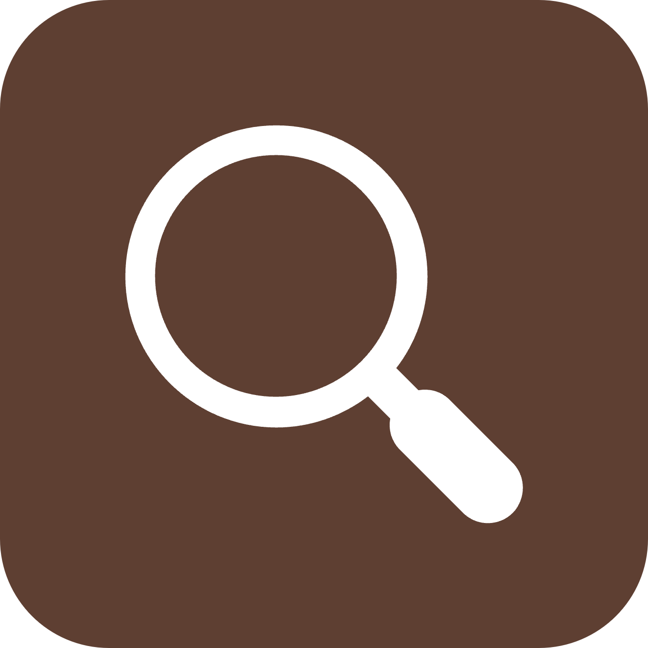 White magnifying glass icon on brown rounded square